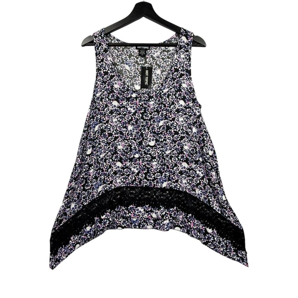 Hot Topic Purple Skull Floral Tank Top Lace Trim Scoop Neck Sharkbite Size L NWT